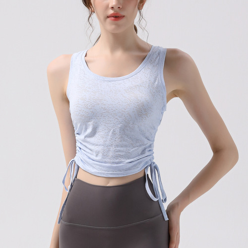 Drawstring Sports Vest Women's Running Jacquard Thin Slim Sleeveless Blouse Pilates Slim Top Yoga Wear Summer