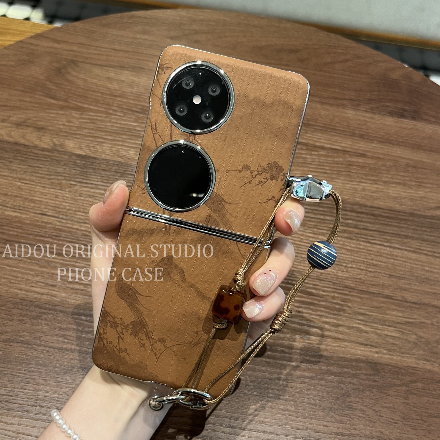 适用华为pocket2手机壳新款折叠屏棕色国风竹子p50pocket全包防摔保护壳pockets带链高级感pocket2手机套秋冬