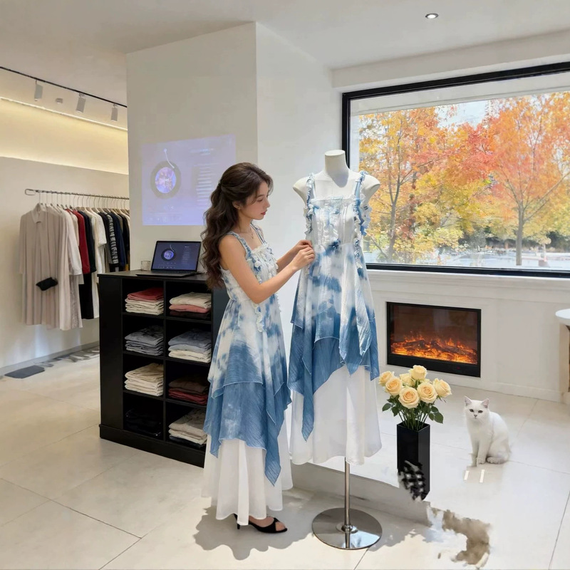 2026 Handmade Tie-Dye Korean Style Sweet French-Style Dress for Women, Designer Vacation Outfit, Blue Vintage Dress
