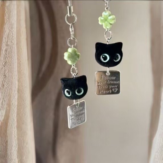 [Black Cat Loves to Eat Fish] Flocked Big-Eyed Black Cat Cartoon Phone Chain DIY Handmade Pendant Ccd Camera Phone Chain