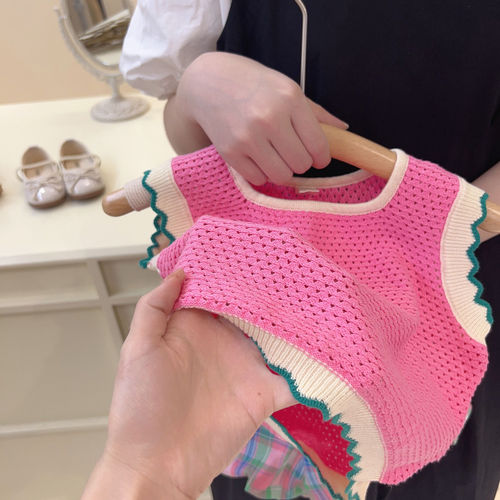Ningli Korean style girl's suit summer fashionable and stylish baby girl knitted vest plaid bud shorts two-piece set
