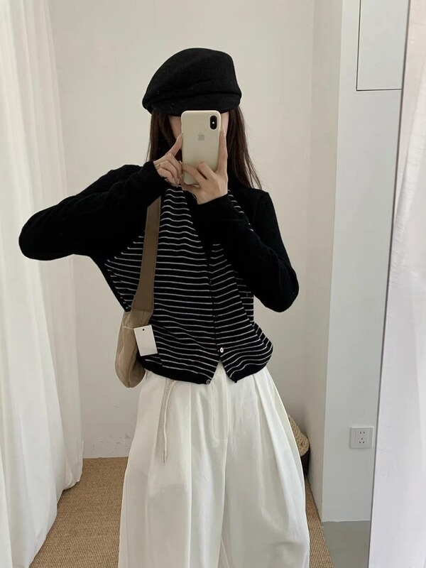 法式吊带背心挂脖假两件条纹针织衫女秋韩系洋气宽松叠穿打底上衣|undefined