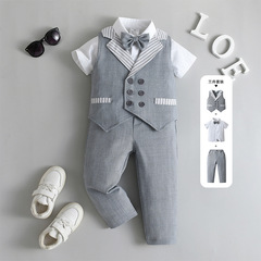 2024新款一件代發夏季短袖兒童夏裝寶寶帶馬甲西服三件套男童套裝