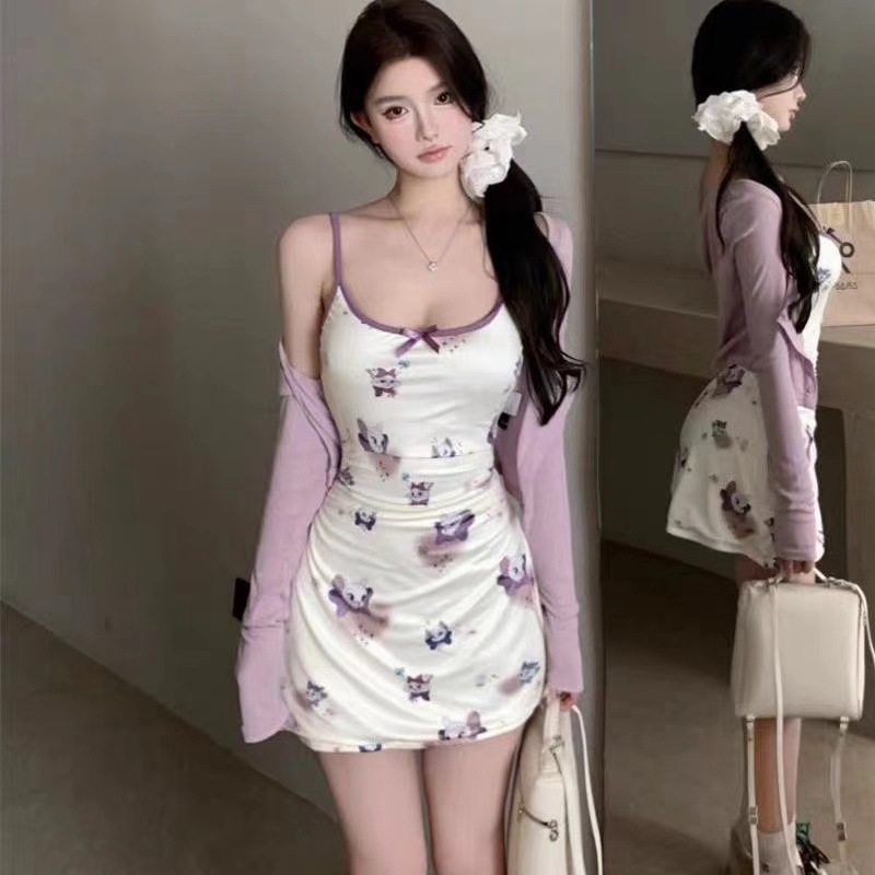 Purple Cat Print Sling Nightgown with Chest Pad, Slim Fit Summer Loungewear — detail image 2