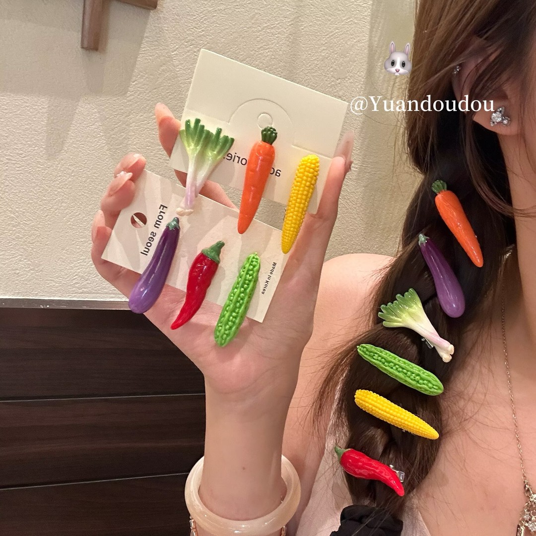 跨境仿真蔬菜发夹胡萝卜玉米茄子辣椒苦瓜侧边碎发夹搞怪发饰批发