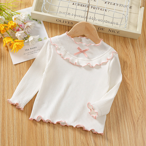 Spring and Autumn Baby Bottoming Shirt Korean Style Girls Lotus Collar Long Sleeve Cotton T-Shirt New Children's Solid Color Cotton Top