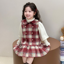 女小童加厚连衣裙秋冬2025新款翻领格子裙洋气宝宝毛呢背心裙套装