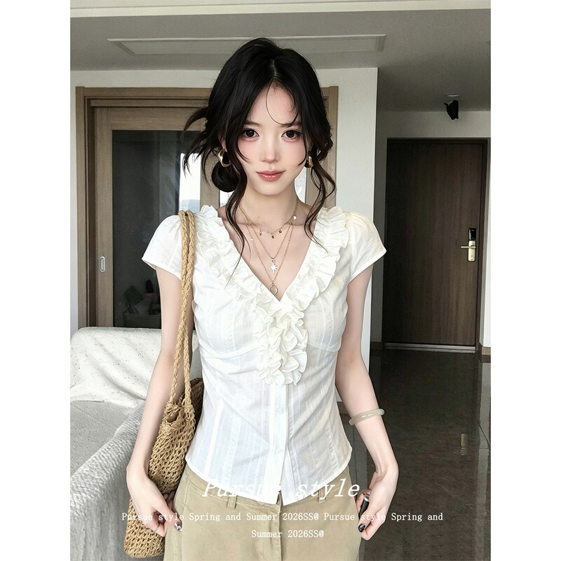 Fashionable French-Style Ruffled V-Neck Short-Sleeve Shirt for Women, Summer White Slim-Fit Stylish Top with a Pure and Alluring Vibe, Ins Style Fashionable French-Style Ruffled V-Neck Short-Sleeve Shirt for Women, Summer White Slim-Fit Stylish Top with a Pure and Alluring Vibe, Ins Style