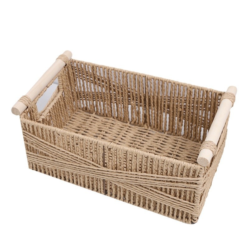 Cesta de almacenamiento de mesa tejida para el hogar al por mayor de comercio exterior con manija de madera