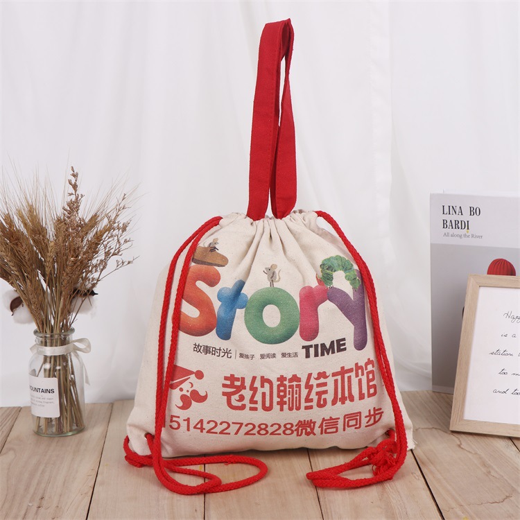 创意印花手提帆布包 双抽绳帆布束口袋 收纳双肩背包棉布袋批发