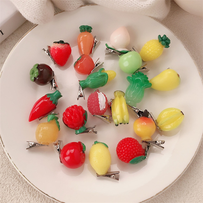 Horquilla de fruta de simulación creativa, juego de comida, fresa, durian, horquilla de granada, lindo clip lateral de resina, divertido accesorio para el cabello de melocotón