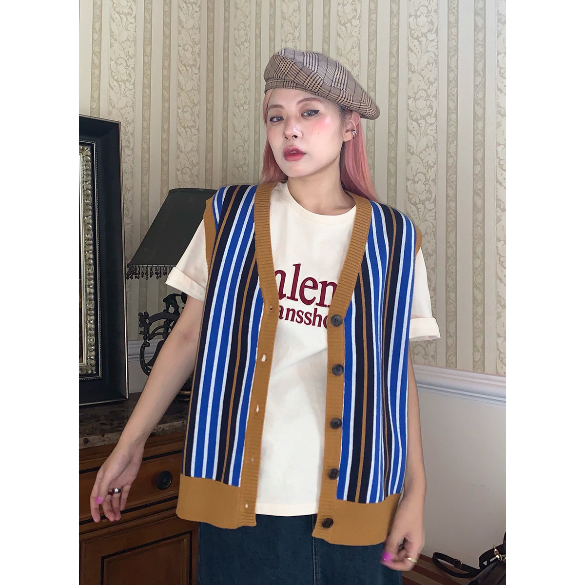 LUCKYYY vintage casual single-breasted striped knit cardigan female 2021 autumn new striped wool vest