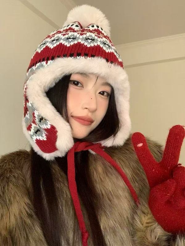 冬季防寒帽大头围毛绒挂球可爱护耳帽子女遮耳加绒加厚拼色针织帽|undefined