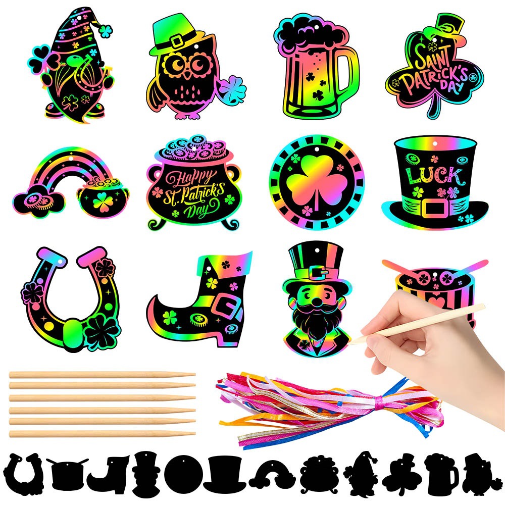 Amazon San Patricio DIY tarjetas de scratch Día de Irlanda decoración de fiesta creativa DIY scratch colgante