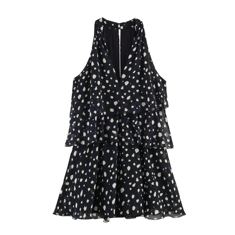 Foreign Trade Wholesale Spring New Style European and American Style Polka Dot Print Layered Decoration Mini Dress 2135190