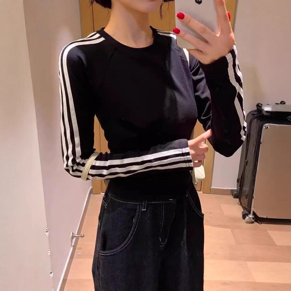 American Retro Contrasting Three-Stripe Long-Sleeved T-Shirt for Women 2025 Spring & Fall New Sexy Slimming Look Round Neck Top