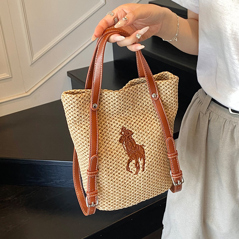2025 New Woven Bag Summer Travel Seaside Straw Woven Large Capacity Bucket Bag Mother-In-Law Portable Armpit Shoulder Bag