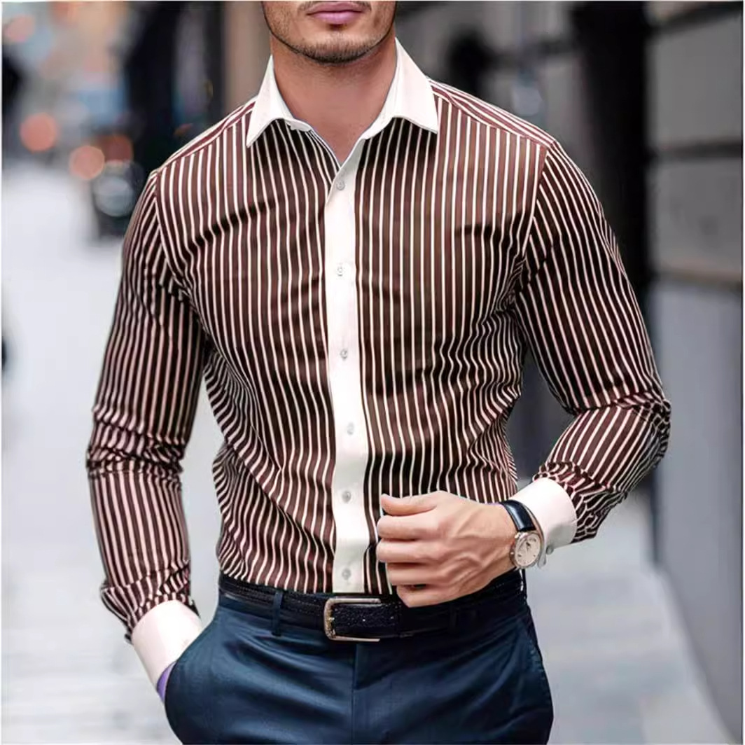 Camisa de botón de solapa de manga larga suelta nueva 2024 de todo fósforo de patrón vertical de alta calidad para hombre MB12