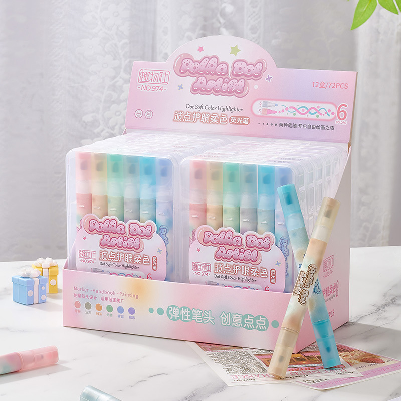 Protector de ojos de lunares, resaltador de doble cabeza de color suave, barra triangular, marcador de mano especial para oficina de estudiantes, pincel de gran capacidad