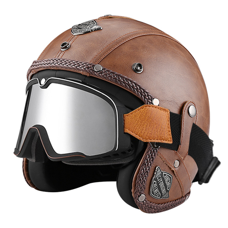 555 가죽 헬멧-다크 다크 브라운 + 대형 프레임 고글