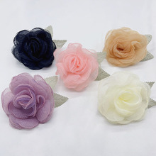 网纱烧边花朵半成品带叶子立体手工布艺花胸花头饰服装辅料配饰