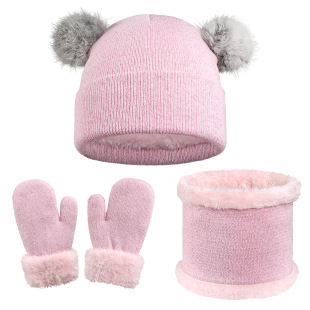 Children's Hat, Neck Scarf and Gloves Three-Piece Set for Boys and Girls, Winter Woolen Thickeneded Warm Baby Ear Protection Hat in Stock