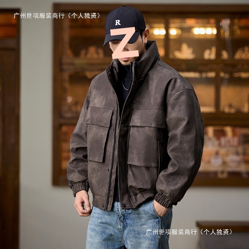 Duck down 2025 Winter New Pu Leather Jacket Men's down Jacket American Workwear Large Pocket down Coat Trendy