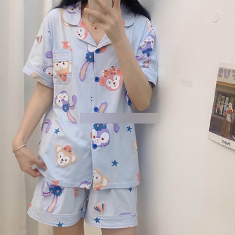 Pijamas de verano de las mujeres de manga corta linda chica Corazón de dibujos animados solapa desgaste del hogar WeChat transmisión en vivo en línea traje de entrega de una pieza
