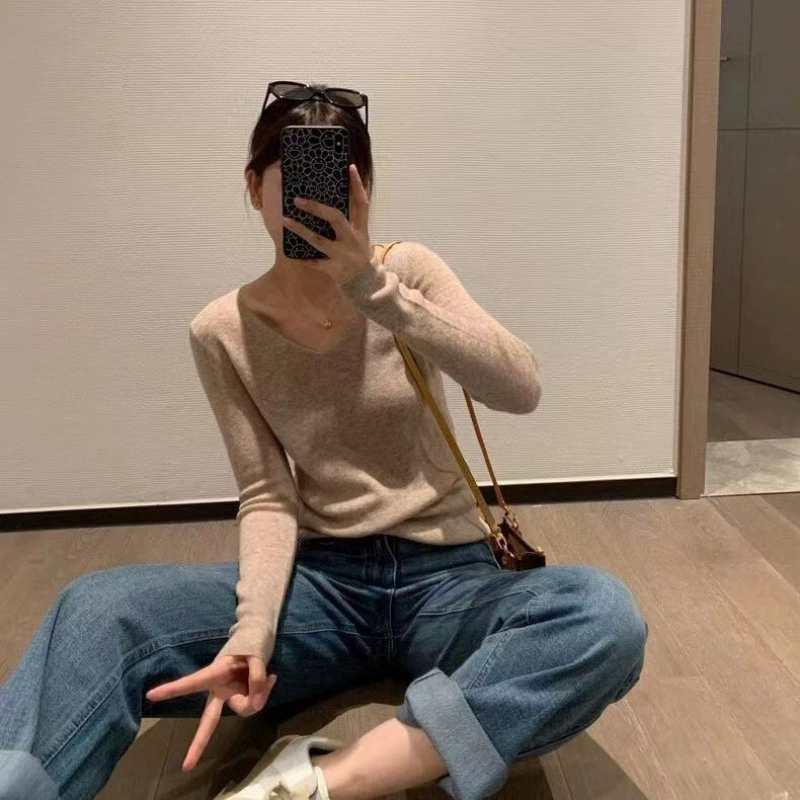 CHAO для кожи ~ Немецкая пряжа Янцзы-тонкая шерстяная вязаная рубашка женский V-образный вырез с длинными рукавами повседневная дикая шерстяная рубашка