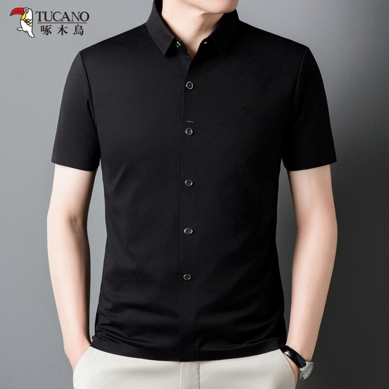 Tucano/Woodpecker Men's Summer New Double-Sided Dark Strip Lapel Short-Sleeved Business Fashion Casual Shirt for Men