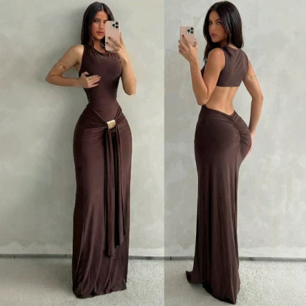 G26D495 Round-neck sleeveless hollow-out backless dress with waist tie, back ruching, slim fit, fishtail long formal dress