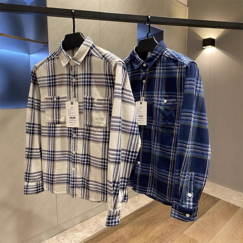 Foreign Trade Surplus All-Cotton Brushed Trendy Plaid Pocket Loose Casual Long-Sleeve Shirt Men's Spring and Autumn New Style