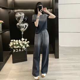 西蒙莱纳减龄休闲一整套套装夏季新款洋气渐变时尚短袖阔腿裤两件