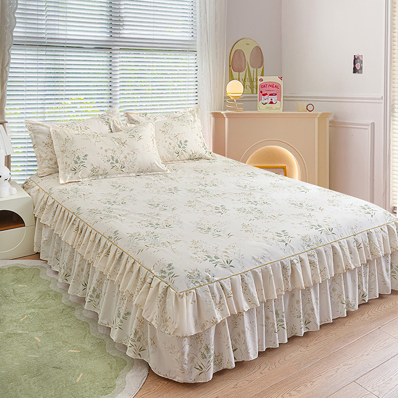 Falda de cama coreana Falda de cama de algodón de imitación agradable para la piel Funda de cama individual para dos piezas de tres piezas Funda de cama de encaje de doble capa de tres piezas image 13