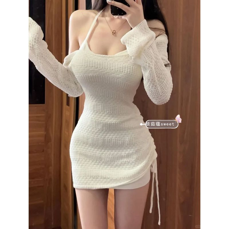 (2개) 사이드 풀 할로우 불규칙한 탑 긴 소매 칼라 선 스크린 블라우스 세트 여성의 여름 민소매 목 화이트 스커트