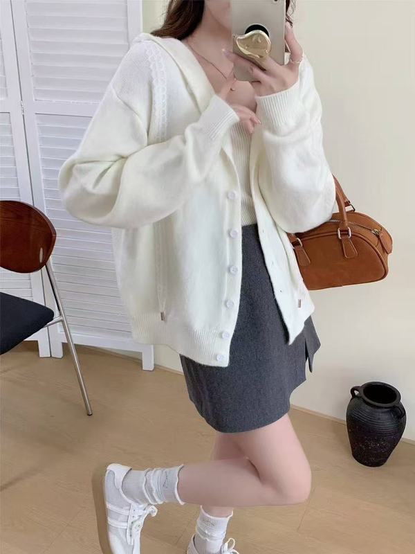 2025秋冬新款韩版宽松显瘦蕾丝拼接针织开衫女百搭毛衣外套上衣潮|undefined