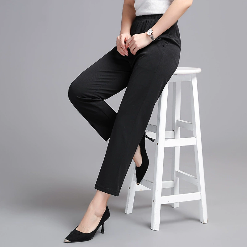 Мама брюки Лето для пожилых людей Тонкий ледяной шелк дышащий досуг бабушки укороченные брюки прямые женские брюки с высокой талией