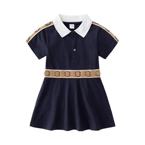 Girls' Short Sleeve Blouse Dress  Summer Collar Blue Princess Dress New Children's Skirt Korean Children's Clothing Wholesale