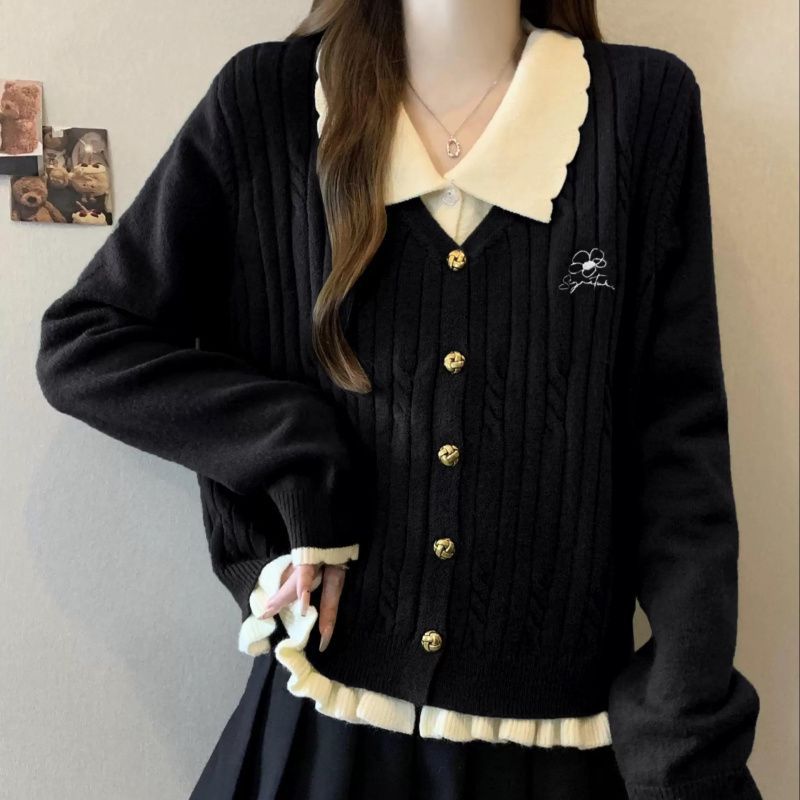인형 칼라와 어깨 니트 카디건 스웨터 코트 여성의 가을과 겨울 플러스 사이즈 뚱뚱한 가짜 투피스 탑