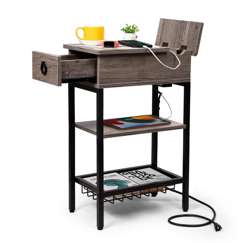 Factory Wholesale Small Gray Bedroom Side Table with Charging Station, Narrow Gray Living Room Side Table with Storage Function Factory Wholesale Small Gray Bedroom Side Table with Charging Station, Narrow Gray Living Room Side Table with Storage Function