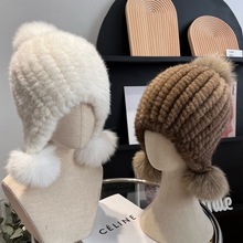 时尚水貂毛帽子冬季时尚保暖加厚貂毛绒真狐狸毛球护耳帽子女新款