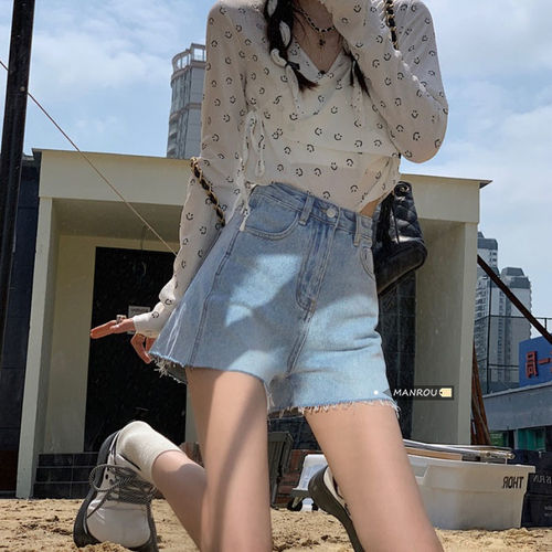 New style denim shorts, female summer students, Korean style, high-waist, net red, fringed, loose, wide legs, slimming, short hot pants, trendy