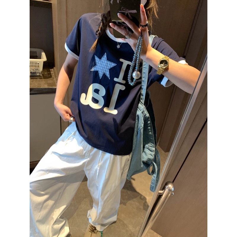 摩且 博主私服 韩系格纹贴布五角星撞色圆领正肩短袖T恤 MQ1271
