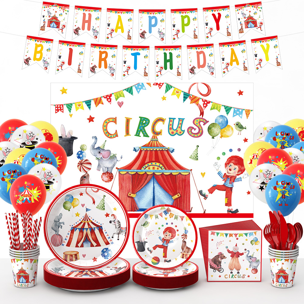 Nuevo circo tema de cumpleaños fiesta decoración carnaval bandeja de papel desechable taza de papel tira de bandera juego de decoración