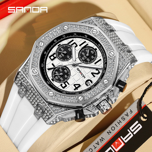 Sanda New Model 7026 Men's Diamond Dial with Calendar Three Eyes and Six Needles Men's Creative Silicone Watch Wholesale
