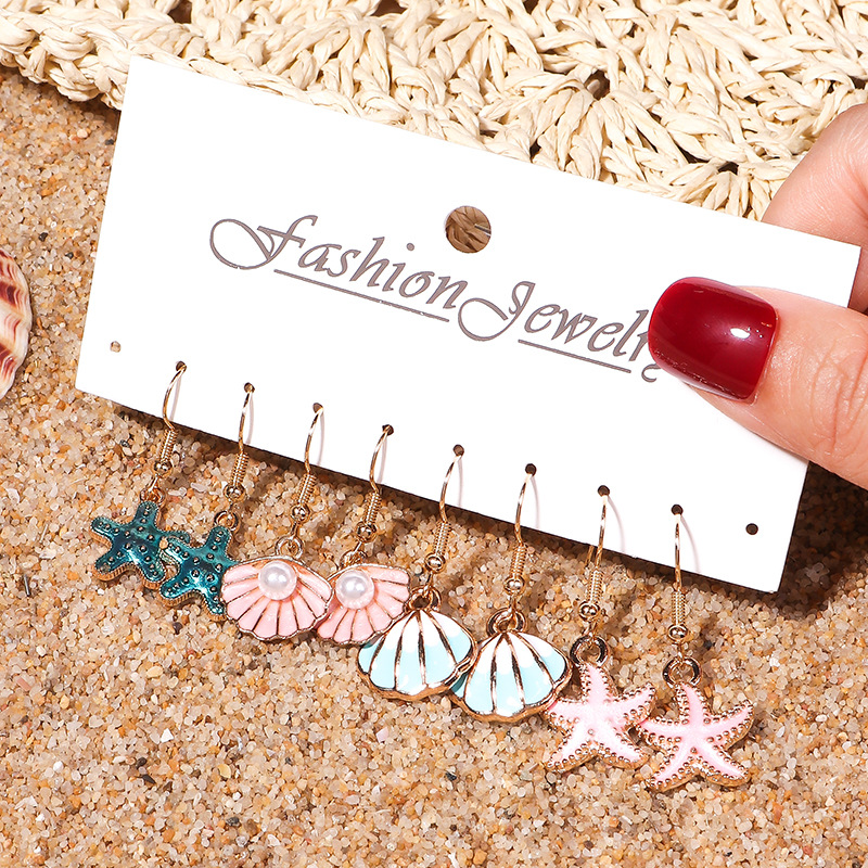 15g Weight Alloy Ear Needle Material Drop Earrings Classification 5 Pairs Quantity Casual, Daily Occasion Alloy Material Cherry, Starfish Pattern Women's Gender Enamel Design Cute Style 5 Pairs Cute Cherry Starfish Enamel Alloy Drop Earrings 6