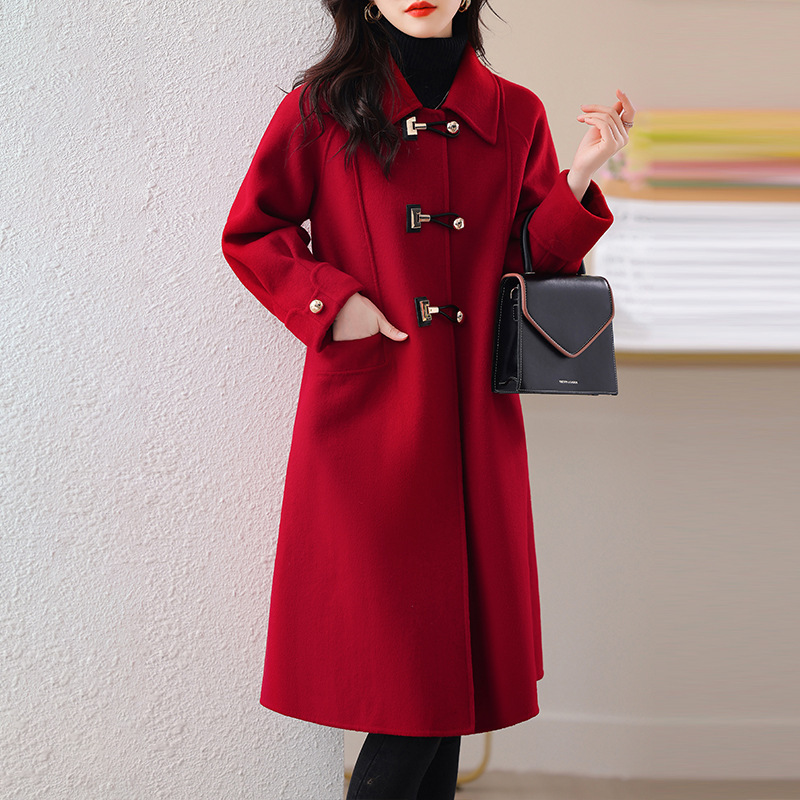 Double-Sided Cashmere Coat for Women, Mid-Length, 2025 Autumn and Winter New Style, Elegant Wedding Red Woolen Coat