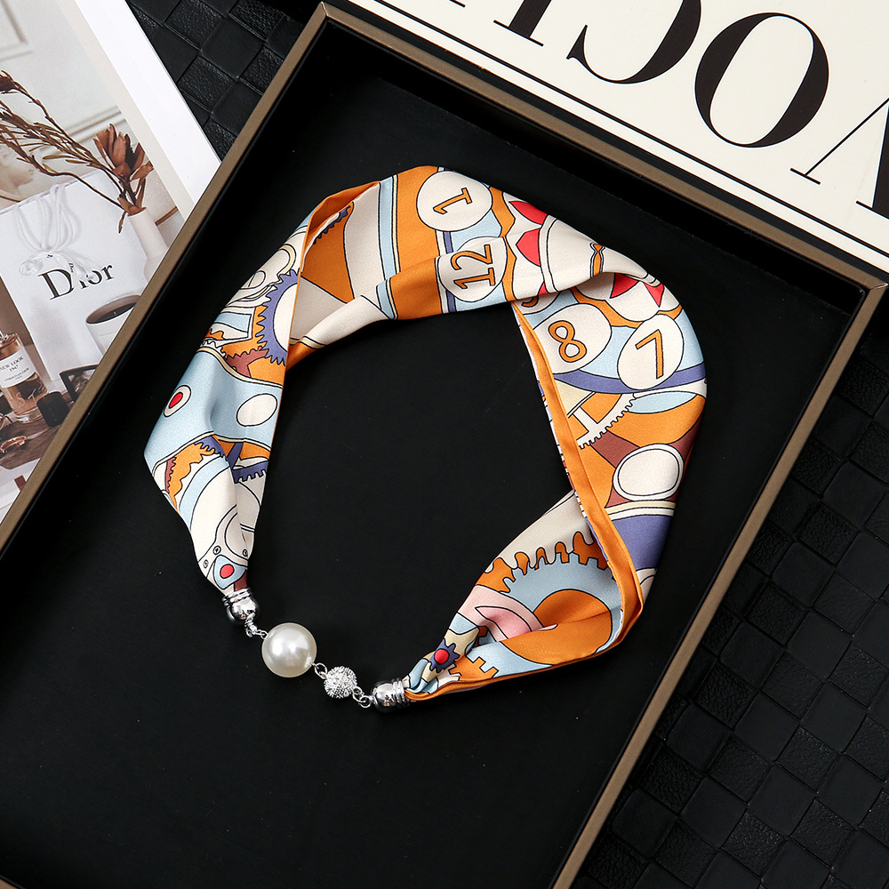 Pañuelo de seda con hebilla magnética de diamantes con incrustaciones de perlas collar mujer retro todo fósforo moda bufanda fina hebilla autocebante babero al por mayor