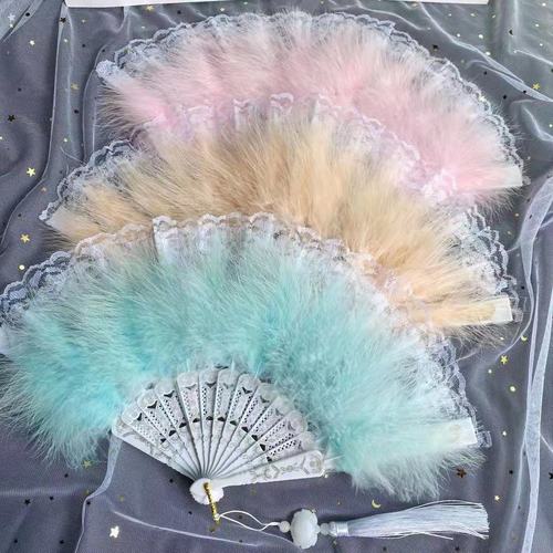 2pcs Classic Lolita Lace Feather Fan for women girls Cheongsam catwalk photo feather folding fan mdeo show Lace feather fan