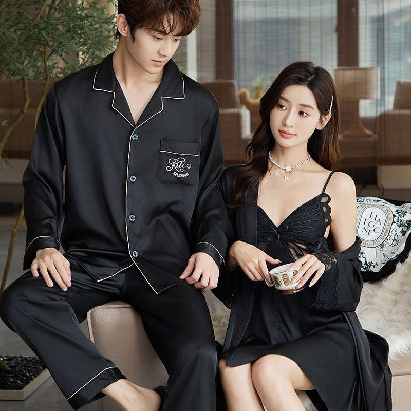 Spring and Autumn 2025 Pajamas Ice Silk Women's Long Sleeve Sexy Lace Sling Nightgown Morning Gown Men's Home Clothes suit